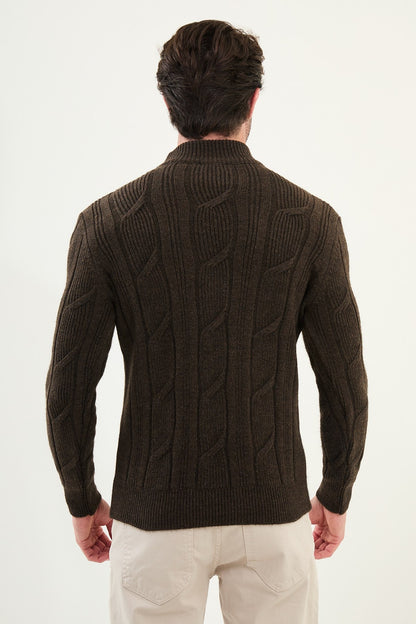 Dark Brown Cable-Knit High Neck Sweater - BRABION