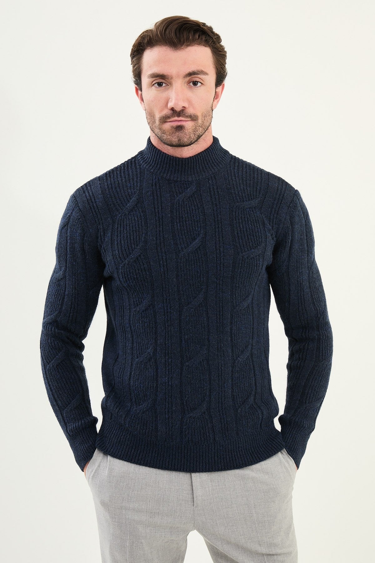 Navy Blue Cable-Knit High Neck Sweater - BRABION