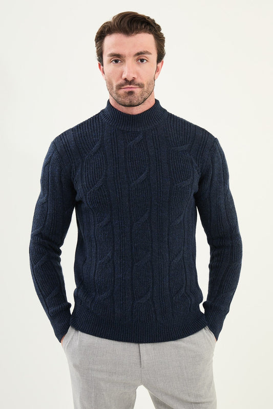 Navy Blue Cable-Knit High Neck Sweater - BRABION
