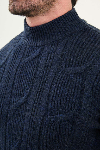 Navy Blue Cable-Knit High Neck Sweater - BRABION