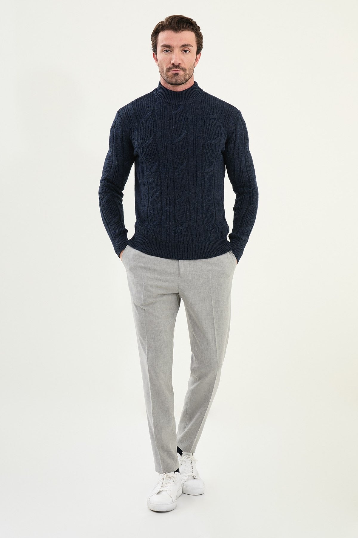 Navy Blue Cable-Knit High Neck Sweater - BRABION