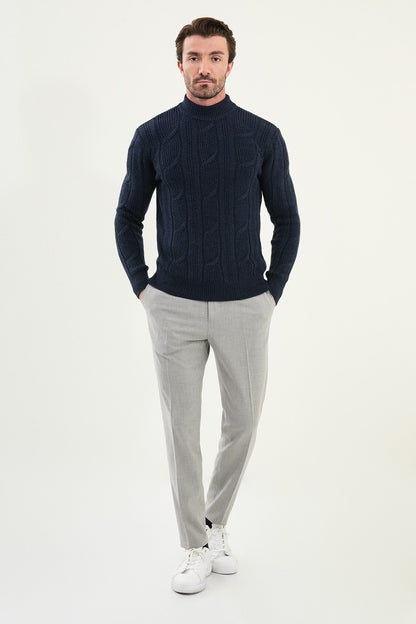 Navy Blue Cable-Knit High Neck Sweater - BRABION