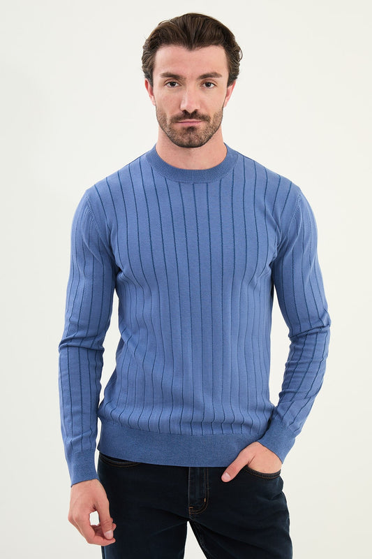 Men’s Blue Ribbed Slim Fit Sweater - BRABION