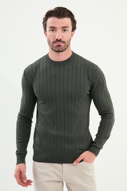 Men’s Khaki Green Ribbed Slim Fit Sweater - BRABION