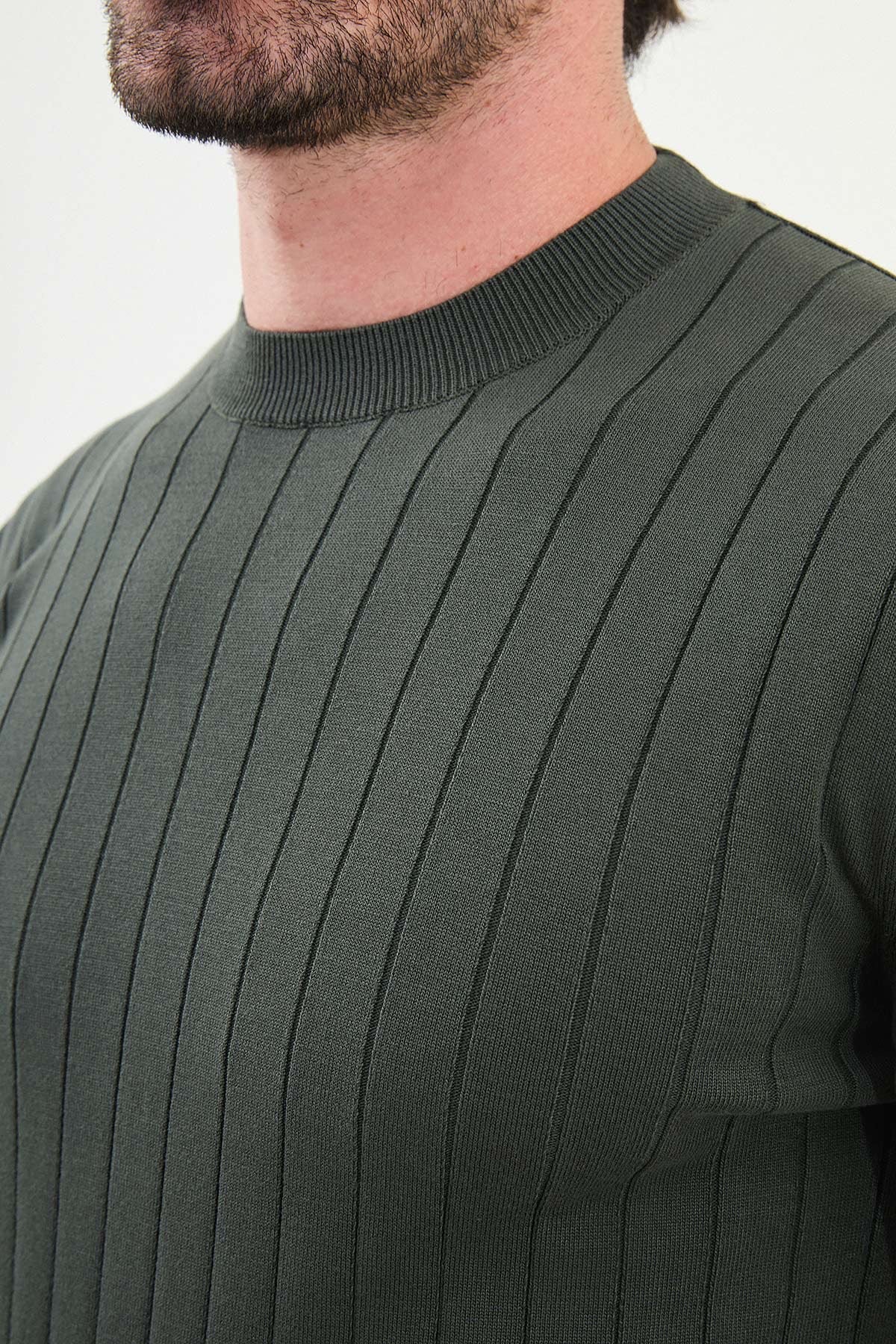 Men’s Khaki Green Ribbed Slim Fit Sweater - BRABION