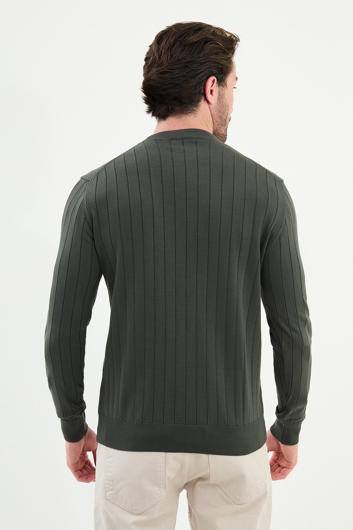 Men’s Khaki Green Ribbed Slim Fit Sweater - BRABION
