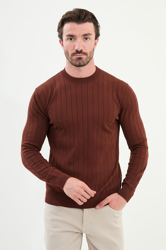 Men’s Tile Brown Ribbed Slim Fit Sweater - BRABION