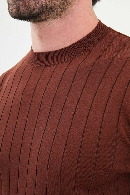 Men’s Tile Brown Ribbed Slim Fit Sweater - BRABION