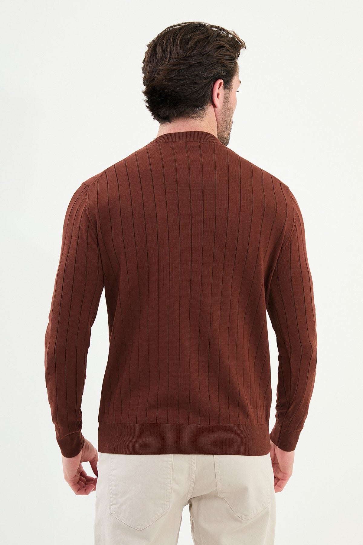 Men’s Tile Brown Ribbed Slim Fit Sweater - BRABION
