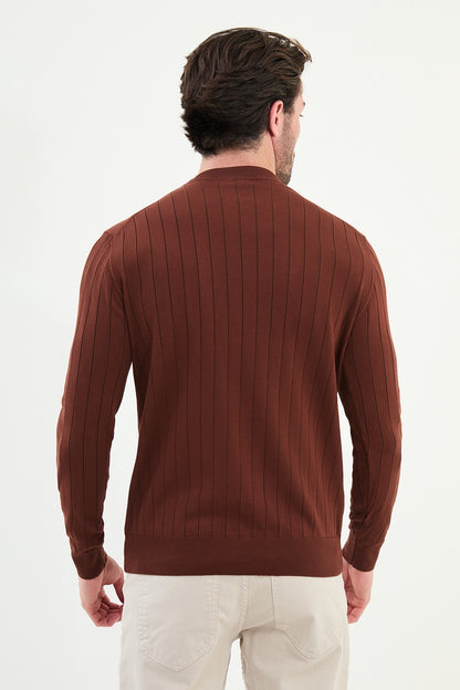 Men’s Tile Brown Ribbed Slim Fit Sweater - BRABION