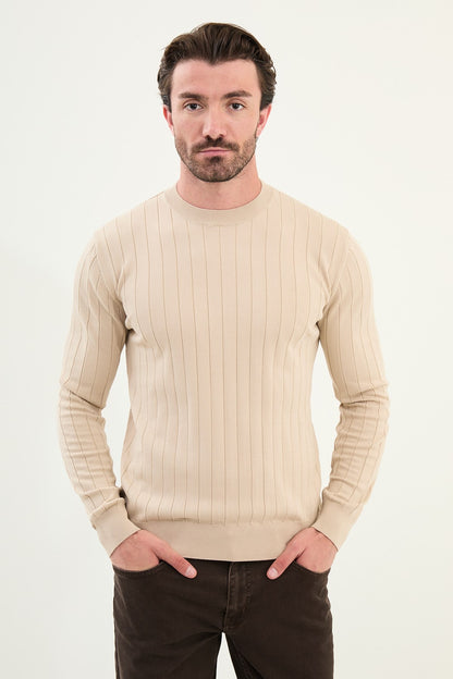 Men’s Beige Ribbed Slim Fit Sweater - BRABION