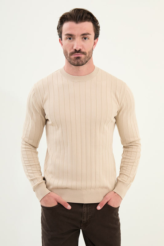 Men’s Beige Ribbed Slim Fit Sweater - BRABION