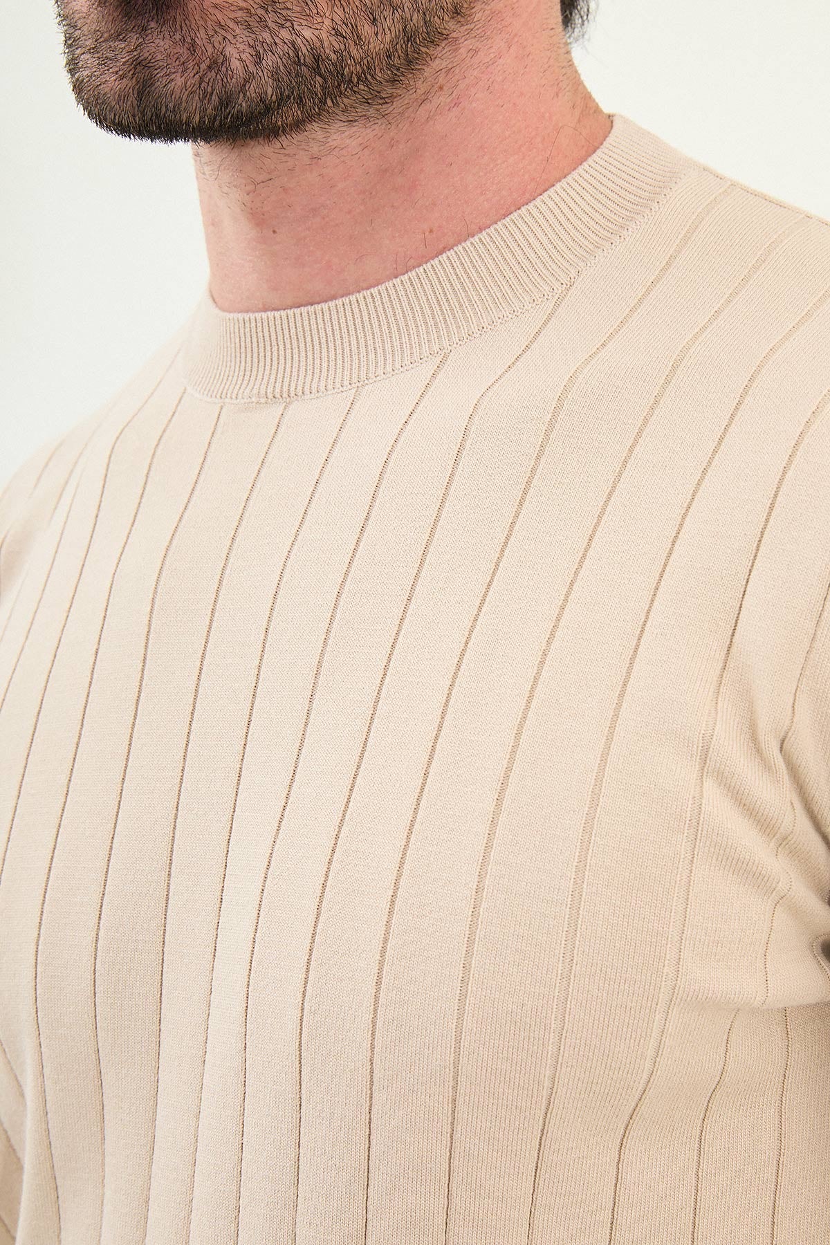 Men’s Beige Ribbed Slim Fit Sweater - BRABION