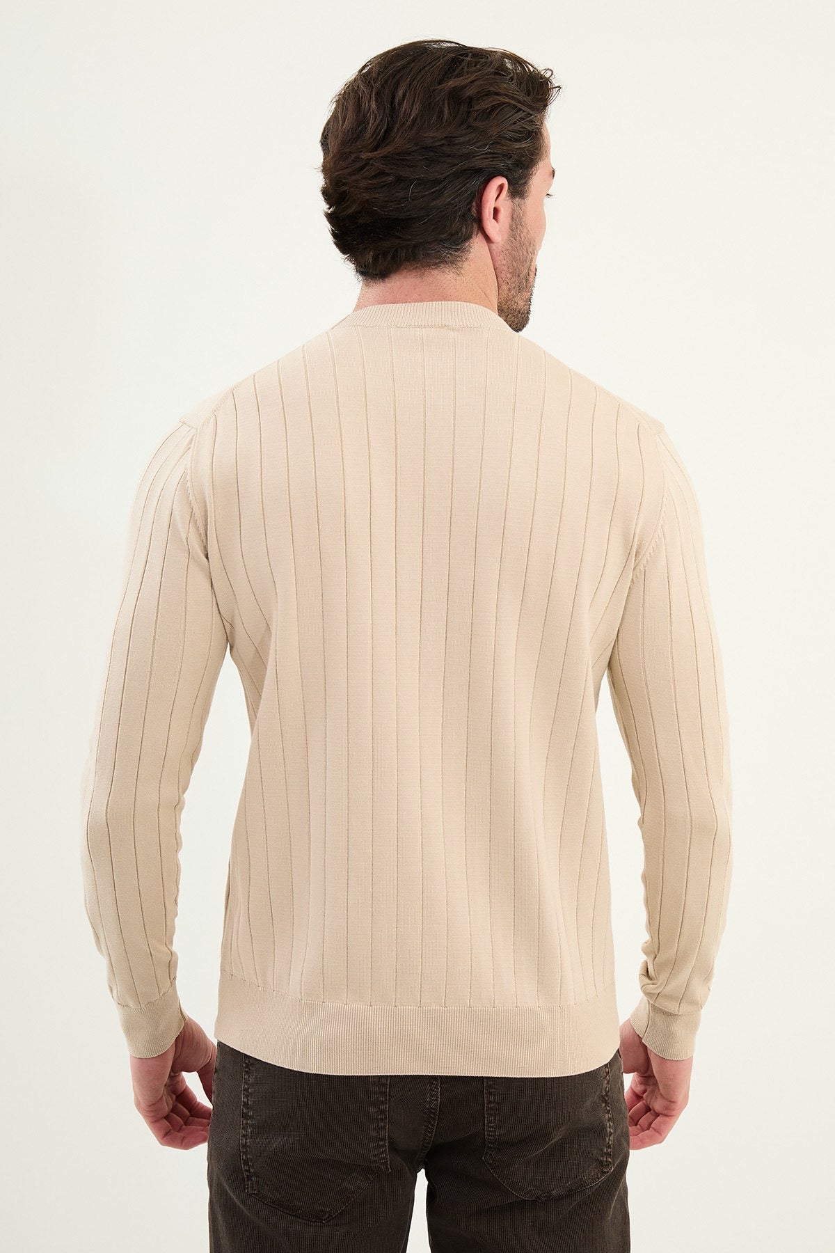 Men’s Beige Ribbed Slim Fit Sweater - BRABION