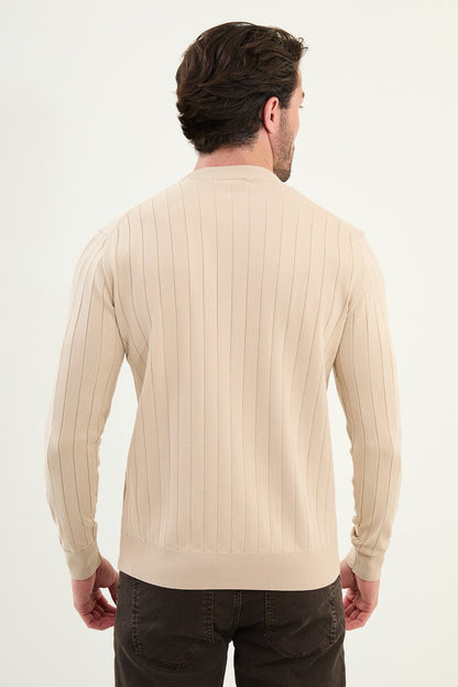 Men’s Beige Ribbed Slim Fit Sweater - BRABION