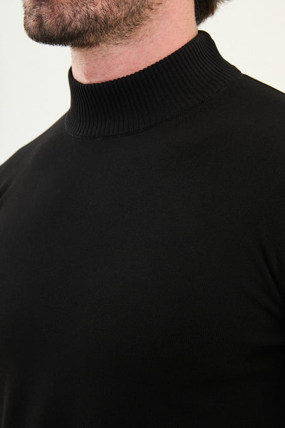 Men’s Black Knit Half-Turtleneck Pullover – Slim Fit - BRABION