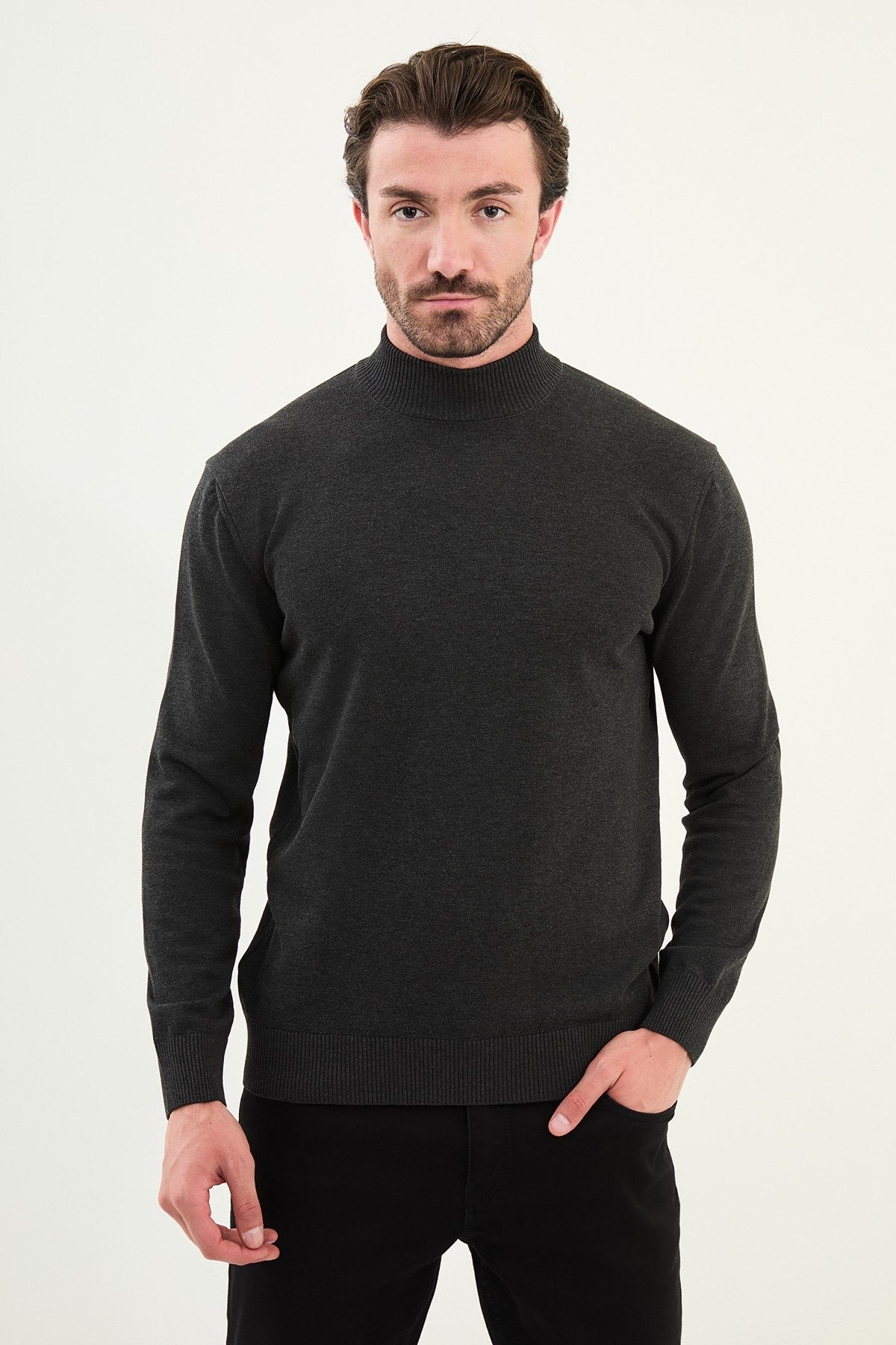 Men’s Gray Knit Half-Turtleneck Pullover – Slim Fit - BRABION