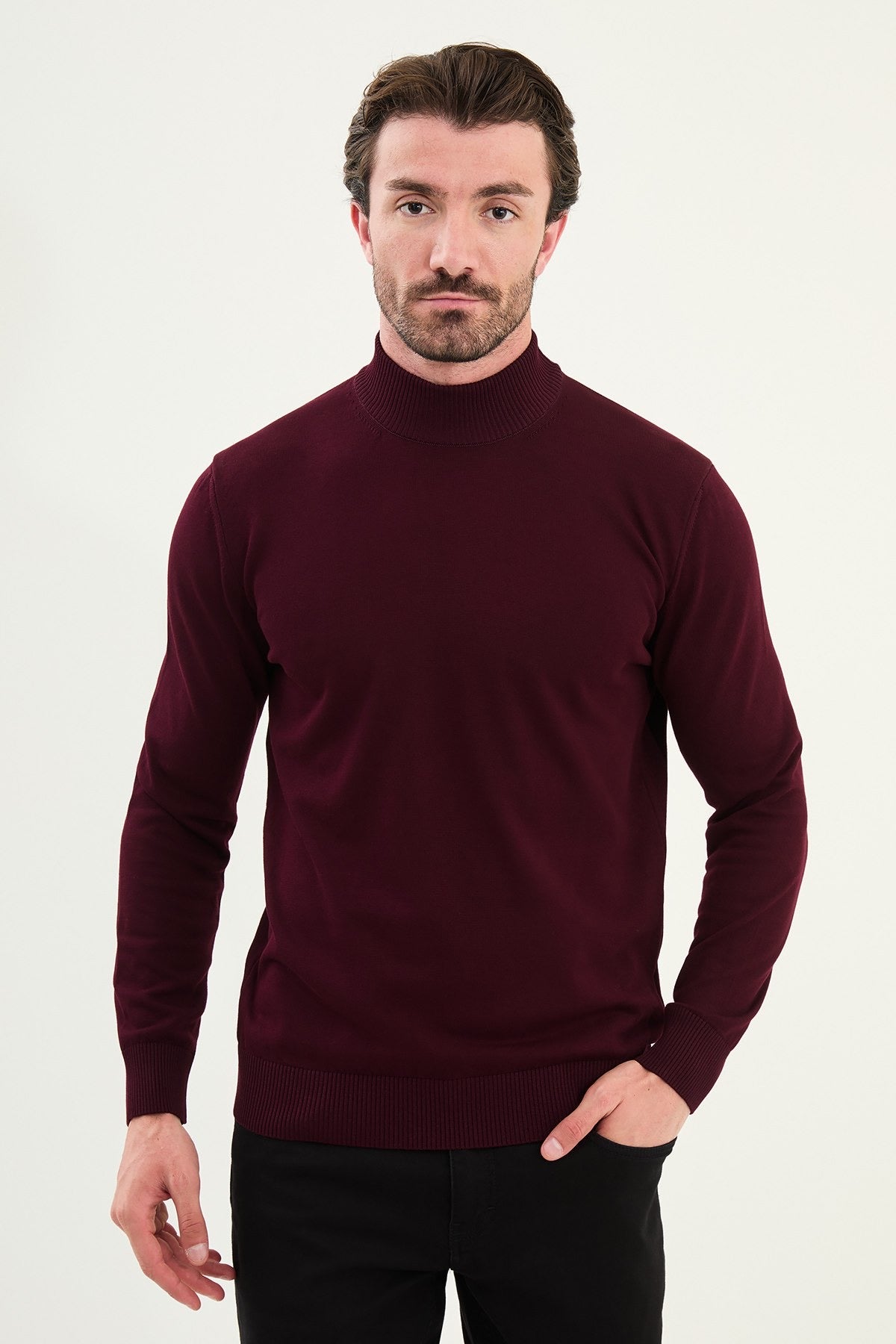 Men's Burgundy Knit Half-Turtleneck Pullover – Slim Fit - BRABION