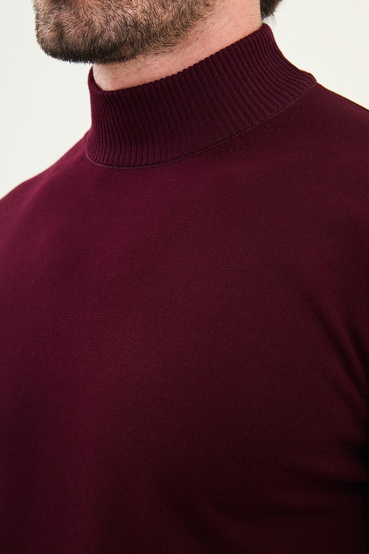Men's Burgundy Knit Half-Turtleneck Pullover – Slim Fit - BRABION