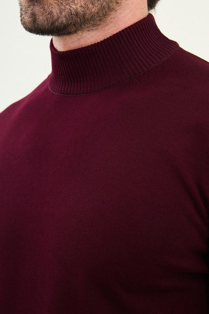 Men's Burgundy Knit Half-Turtleneck Pullover – Slim Fit - BRABION