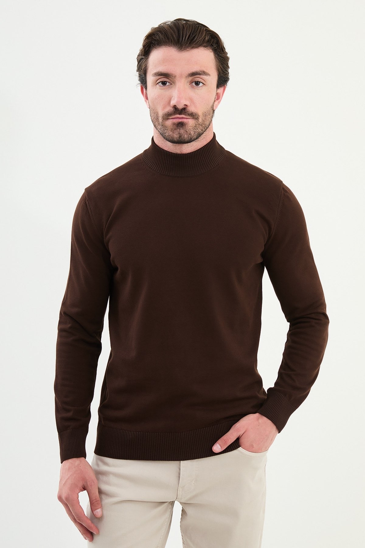 Men’s Brown Knit Half-Turtleneck Pullover – Slim Fit - BRABION