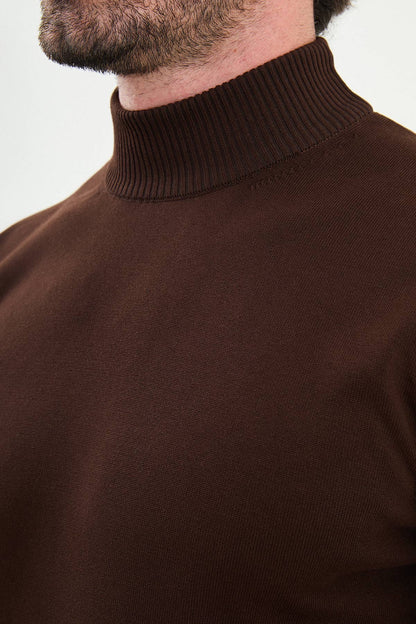 Men’s Brown Knit Half-Turtleneck Pullover – Slim Fit - BRABION