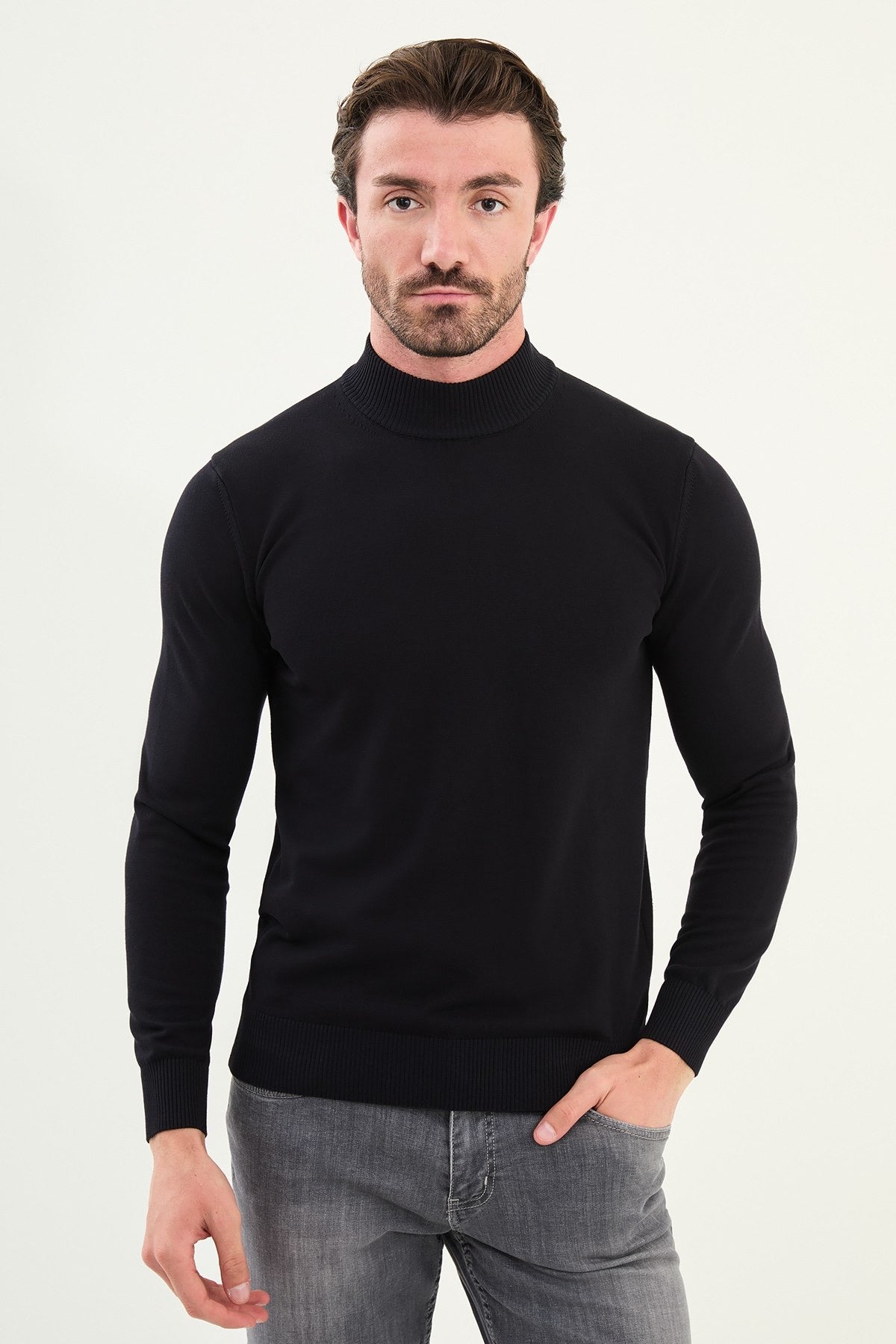 Men’s Navy Blue Knit Half-Turtleneck Pullover – Slim Fit - BRABION