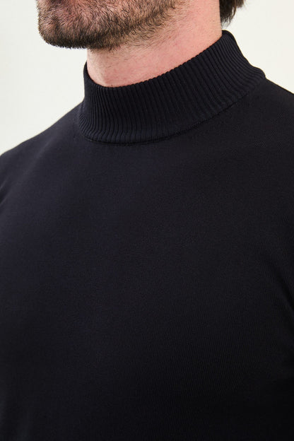 Men’s Navy Blue Knit Half-Turtleneck Pullover – Slim Fit - BRABION