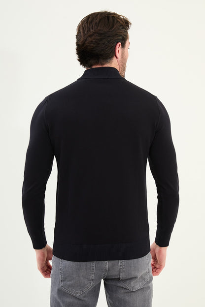 Men’s Navy Blue Knit Half-Turtleneck Pullover – Slim Fit - BRABION