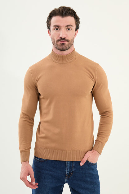 Men’s Camel Knit Half-Turtleneck Pullover – Slim Fit - BRABION