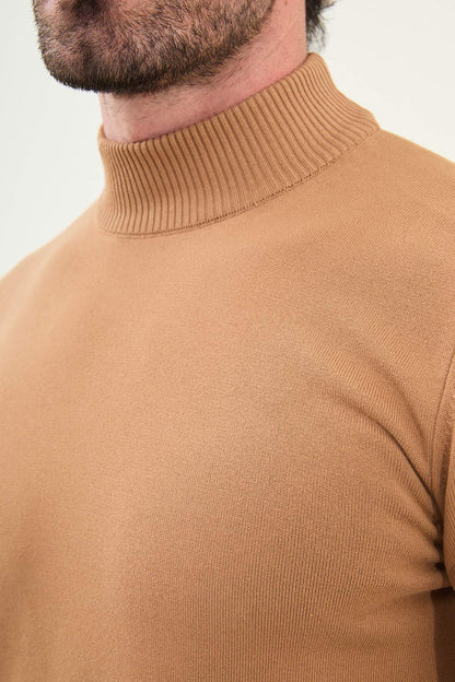 Men’s Camel Knit Half-Turtleneck Pullover – Slim Fit - BRABION