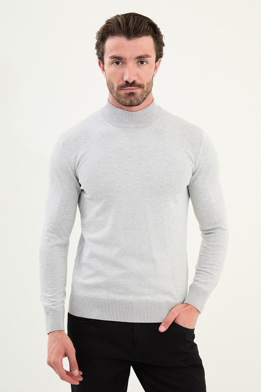 Men’s Light Gray Knit Half-Turtleneck Pullover – Slim Fit - BRABION