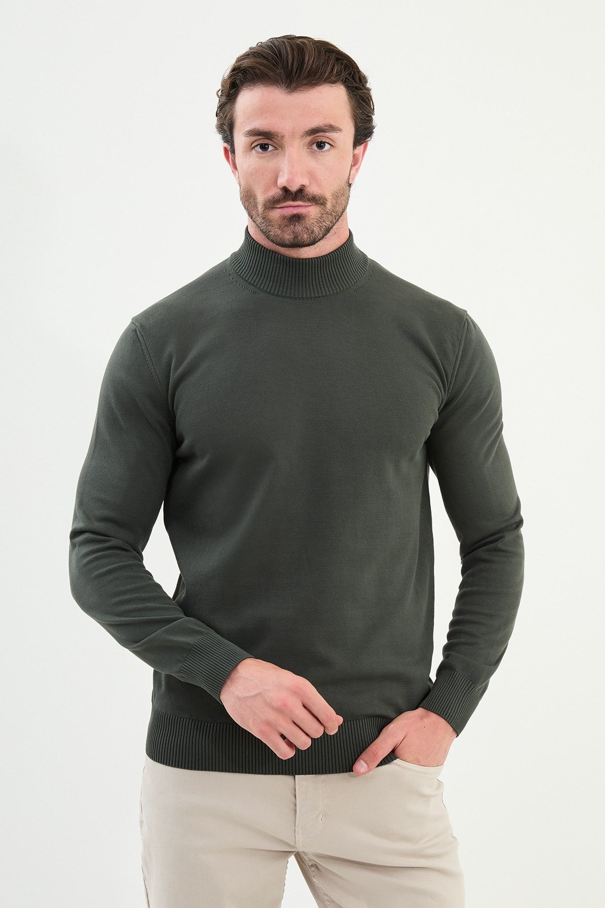 Men’s Khaki Green Knit Half-Turtleneck Pullover – Slim Fit - BRABION