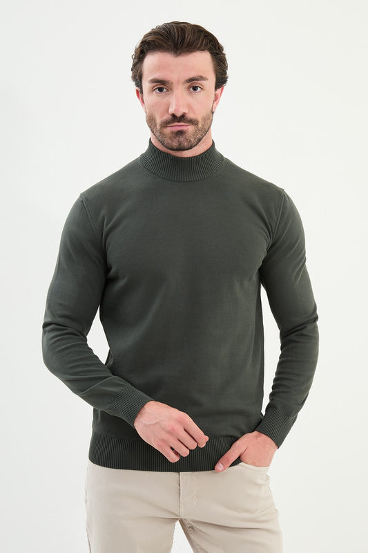 Men’s Khaki Green Knit Half-Turtleneck Pullover – Slim Fit - BRABION