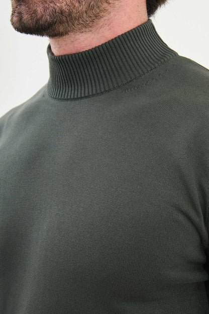 Men’s Khaki Green Knit Half-Turtleneck Pullover – Slim Fit - BRABION
