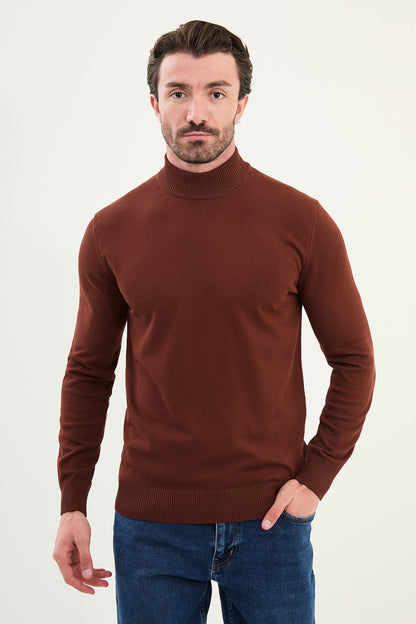 Men’s Tile Brown Knit Half-Turtleneck Pullover – Slim Fit - BRABION