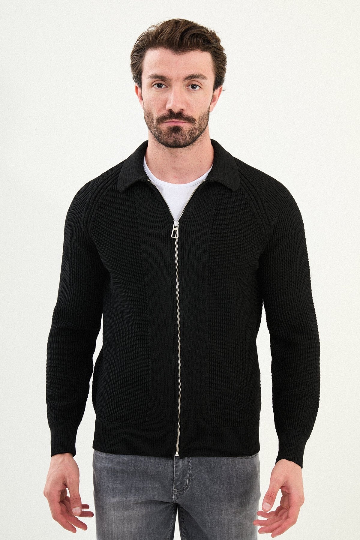 Men’s Black Ribbed Zip Cardigan - BRABION