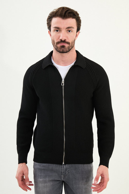Men’s Black Ribbed Zip Cardigan - BRABION