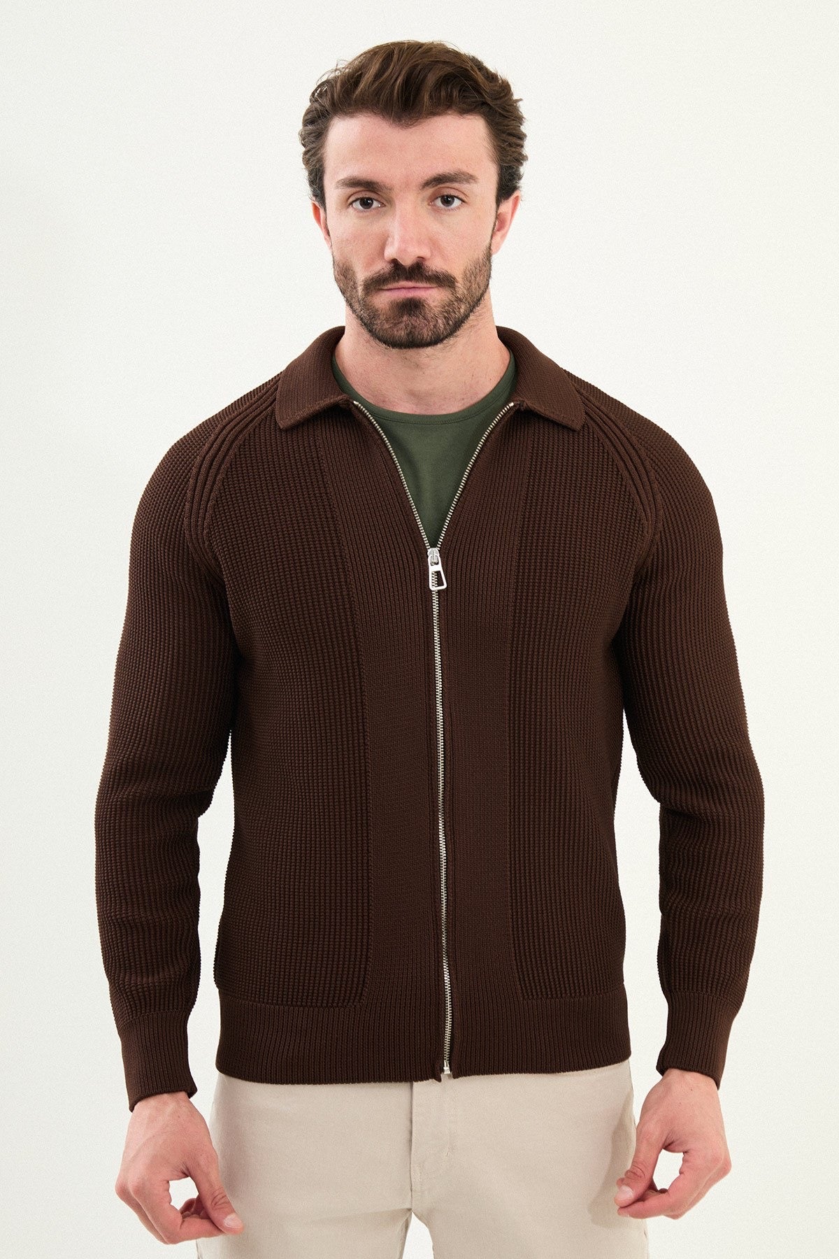 Men’s Brown Ribbed Zip Cardigan - BRABION