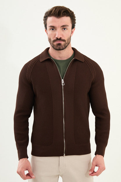 Men’s Brown Ribbed Zip Cardigan - BRABION