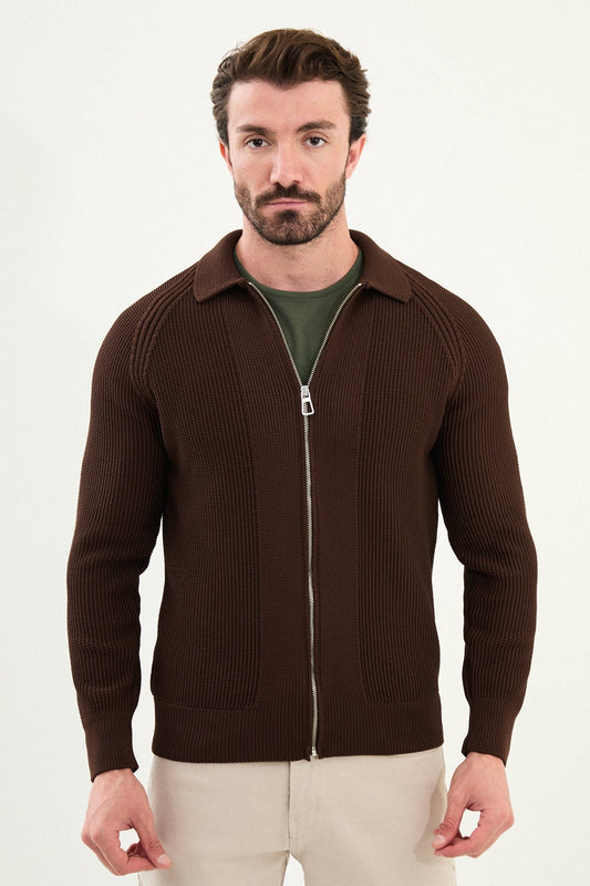 Men’s Brown Ribbed Zip Cardigan - BRABION