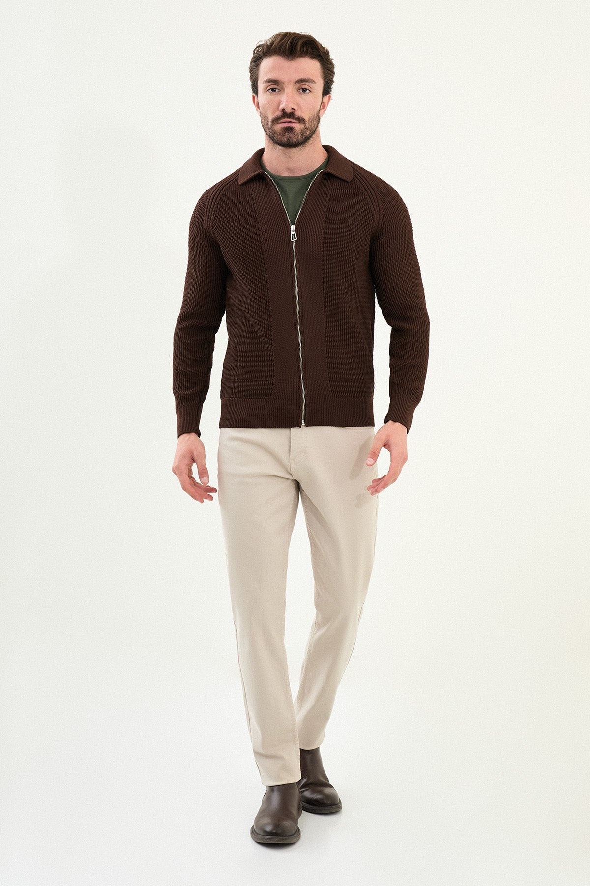 Men’s Brown Ribbed Zip Cardigan - BRABION