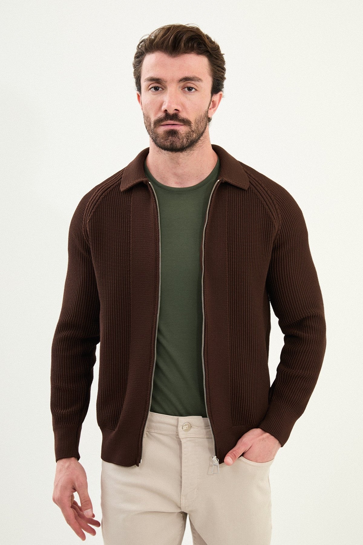 Men’s Brown Ribbed Zip Cardigan - BRABION