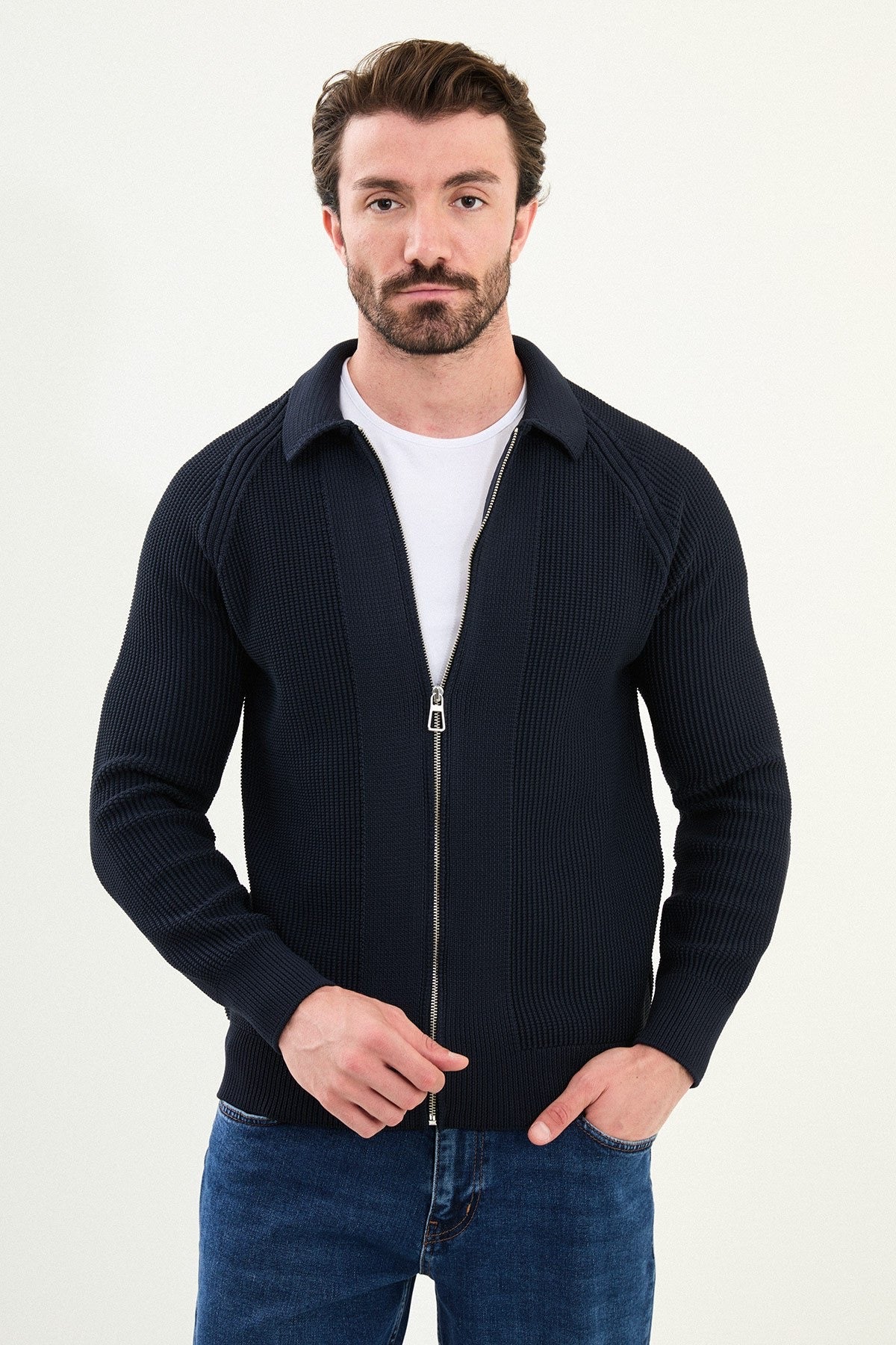 Men’s Navy Blue Ribbed Zip Cardigan - BRABION