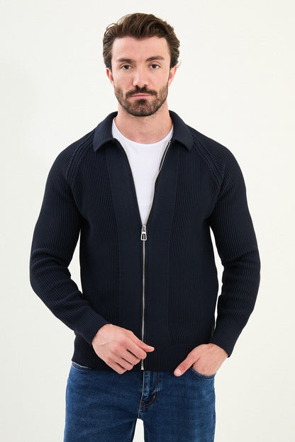 Men’s Navy Blue Ribbed Zip Cardigan - BRABION