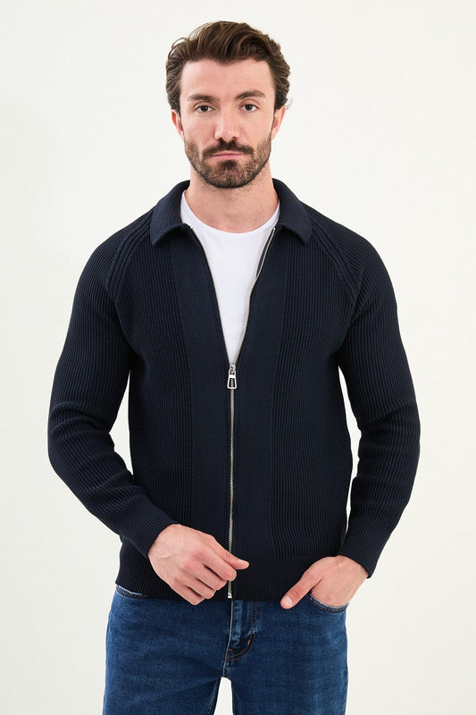 Men’s Navy Blue Ribbed Zip Cardigan - BRABION