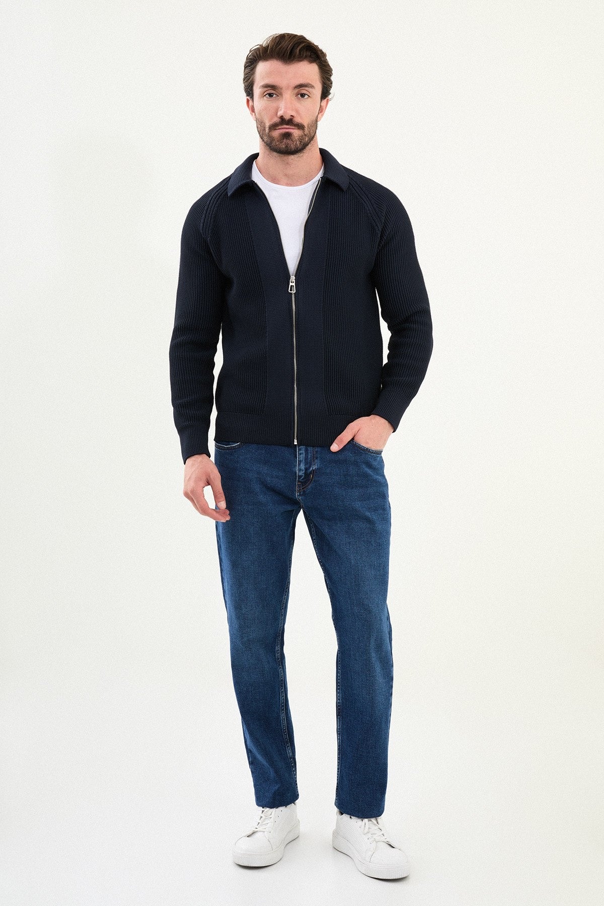 Men’s Navy Blue Ribbed Zip Cardigan - BRABION