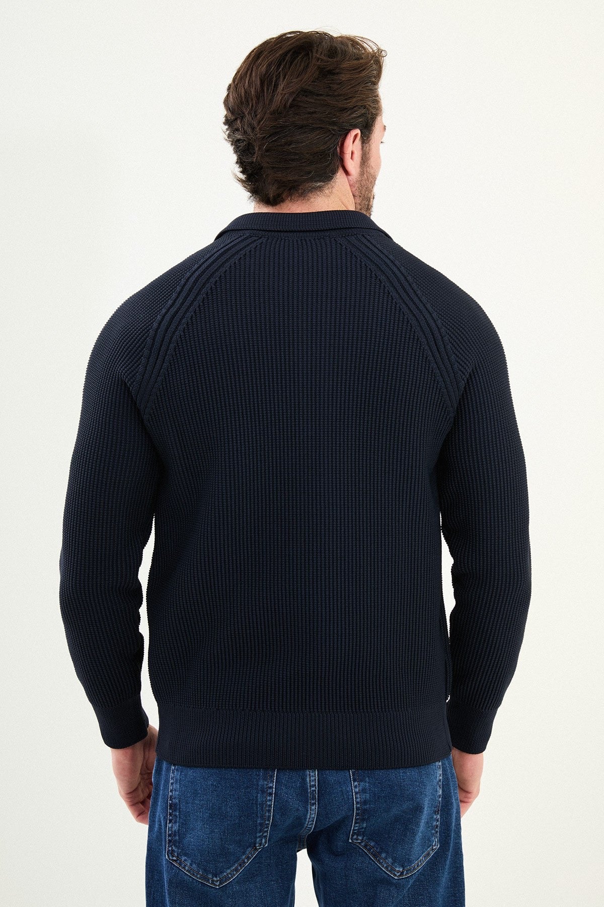 Men’s Navy Blue Ribbed Zip Cardigan - BRABION