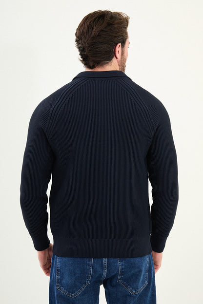 Men’s Navy Blue Ribbed Zip Cardigan - BRABION