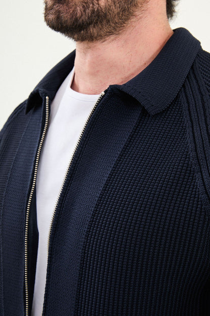Men’s Navy Blue Ribbed Zip Cardigan - BRABION